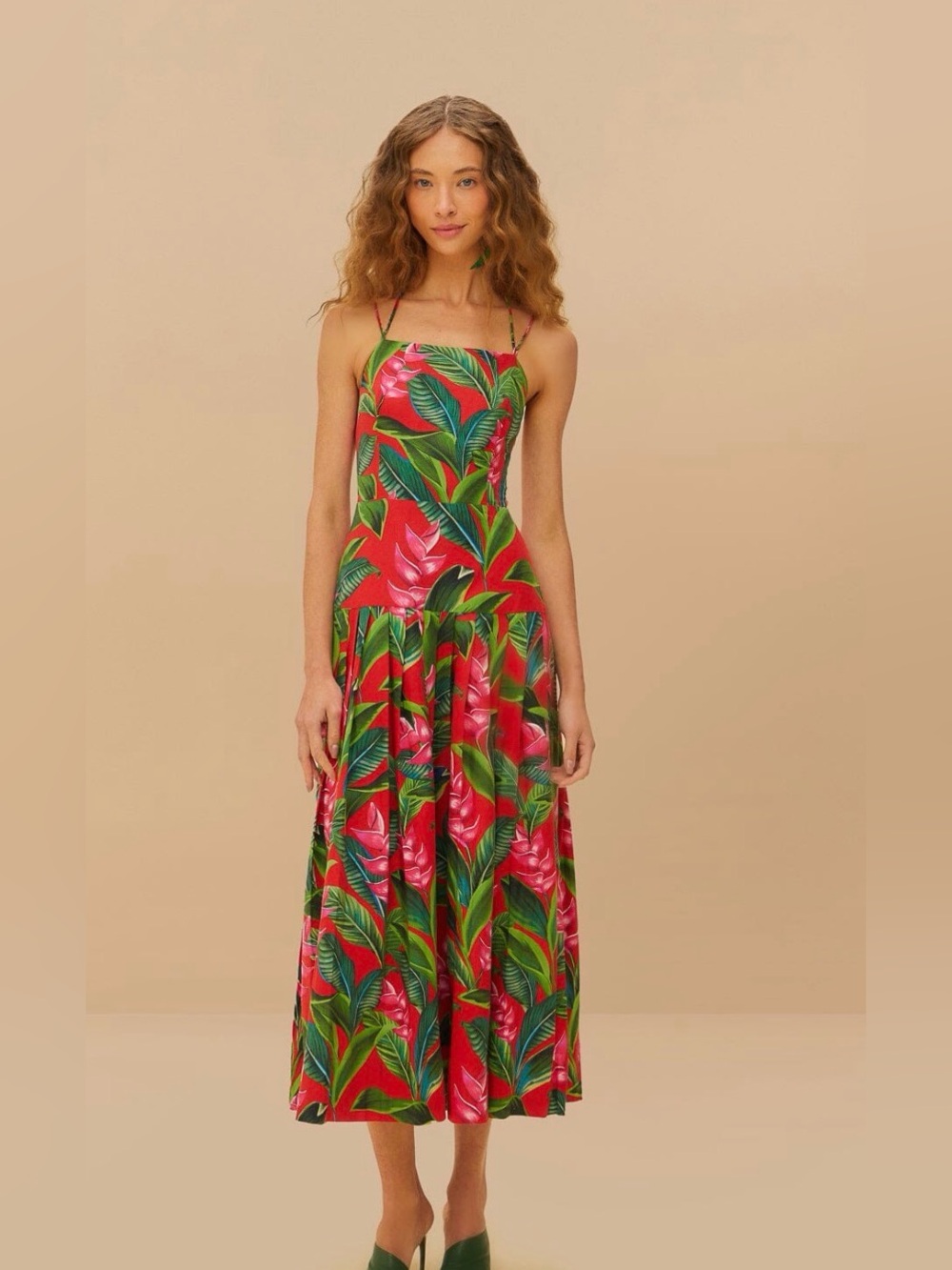 Farm Rio Red Tropical Print spaghetti strap Maxi Dress XL